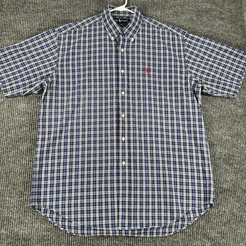 Ralph Lauren Shirt Mens Large Blue Plaid Seersucker Short Sleeve Button Down - Picture 2 of 10